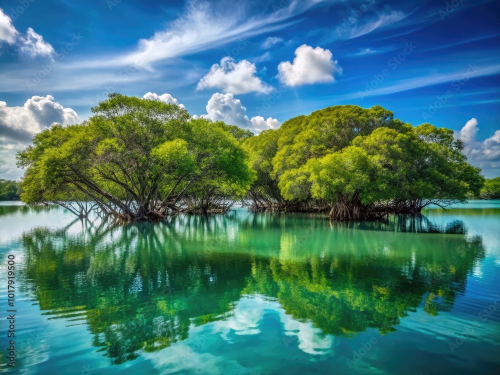 Lush mangrove trees creating a vibrant coastal ecosystem with reflections in calm turquoise water Lush mangrove trees creating a vibrant coastal ecosystem with reflections in calm turquoise water