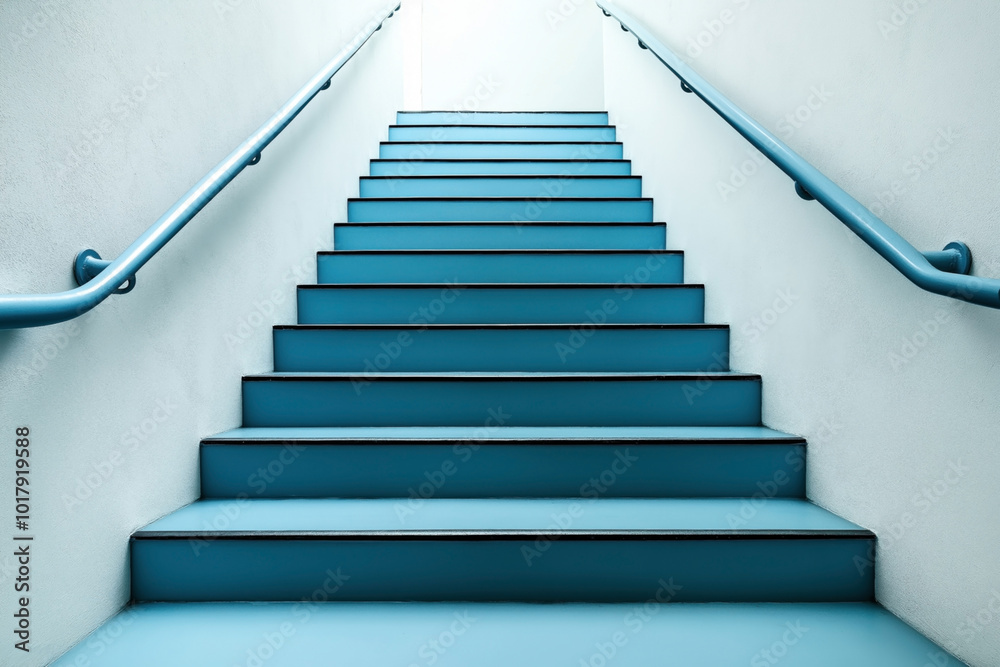 Upward view of a bright blue staircase with matching handrails and white walls, suggesting a modern architectural design. Upward view of a bright blue staircase with matching handrails and white walls, suggesting a modern architectural design.