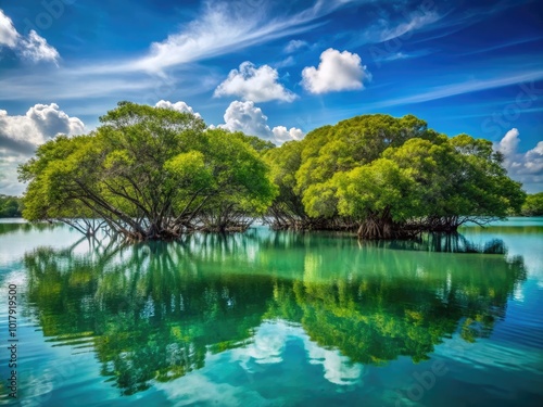 Lush mangrove trees creating a vibrant coastal ecosystem with reflections in calm turquoise water