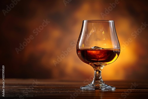 Glass of cognac on the table in the sun, copy space