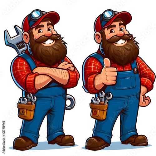 A cartoon mechanic with a thick beard, wearing a red plaid shirt, blue overalls, and a red cap, giving a thumbs-up with a big smile.