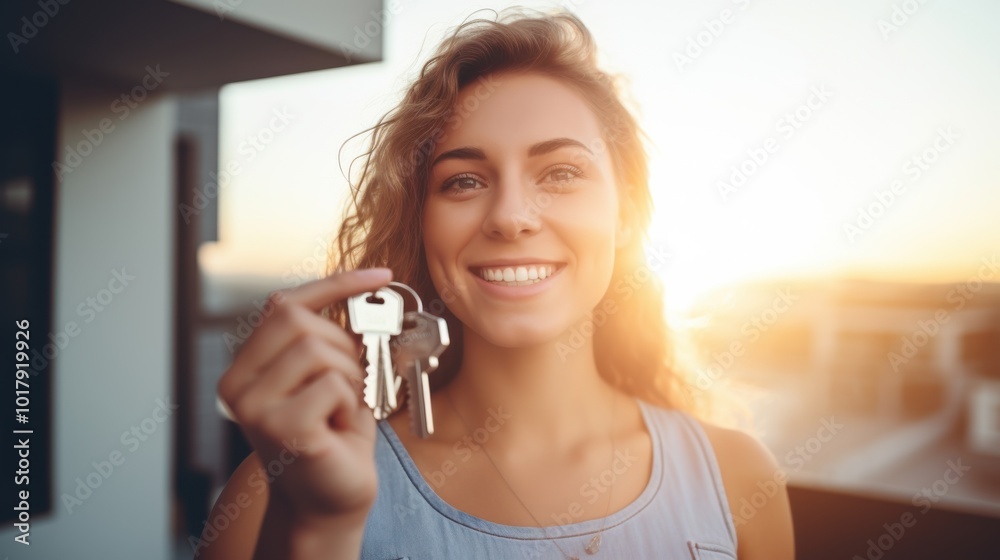A smiling woman proudly holds a set of keys, symbolizing a new beginning or achievement, as the golden sun sets in the background.