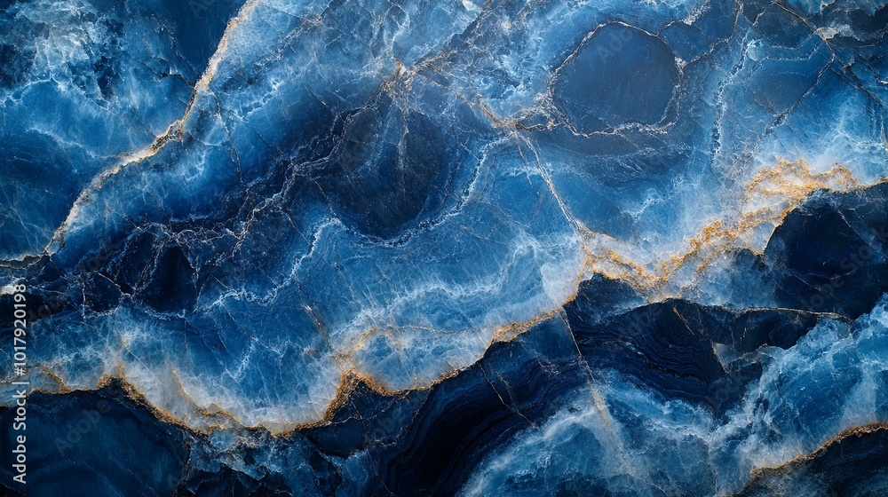 Close-up of a Blue and Gold Swirling Marble Slab