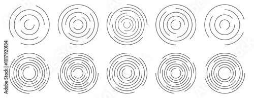 Concentric ripple circles vector set. Radial signal, sonar wave, soundwave icons