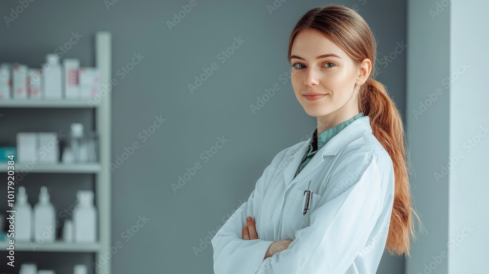 Confident female pharmacist in white coat with pharmacy background Confident female pharmacist in white coat with pharmacy background
