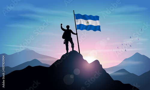 Nicaragua flag, silhouette of a man holding a flag as a sign of success in reaching the top of the mountain with the morning sun in the background. Vector Illustrator