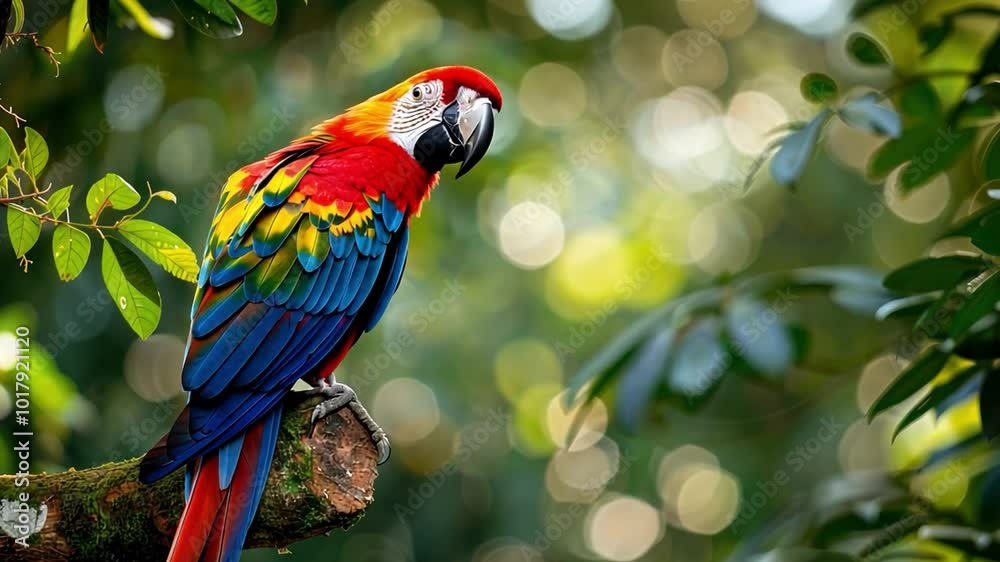 Exotic animals such as a parrot with vibrant feathers perched in a tropical tree