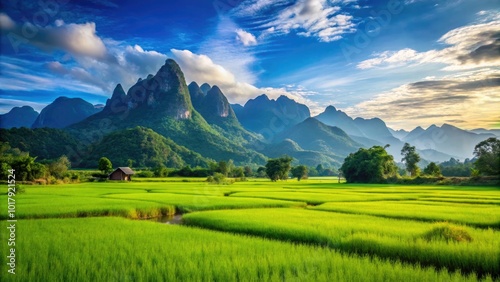 Lush Thai Landscape with Vibrant Green Rice Fields and Majestic Mountains Under Clear Blue Sky