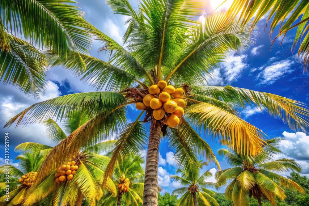 Obraz premium Lush Tropical Tree with Ripe Coconuts Against a Bright Blue Sky in a Sunlit Island Paradise Scene