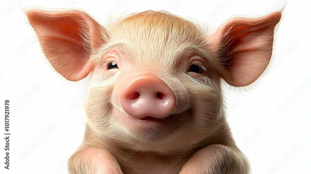 A cute piglet with a cheerful expression against a white background. A cute piglet with a cheerful expression against a white background.