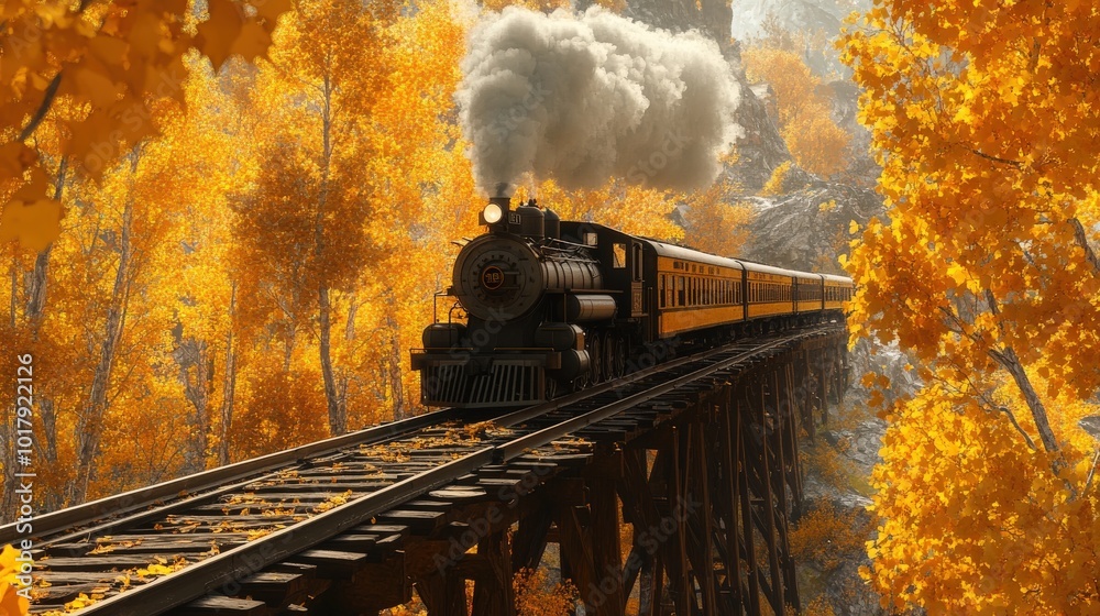 Fototapeta premium A classic steam train on a wooden bridge, framed by autumn trees in full color