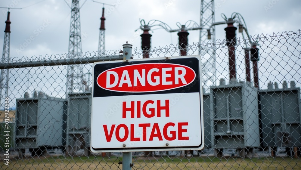 Obraz premium Danger High Voltage sign on fence with blurred transformers and power lines in background