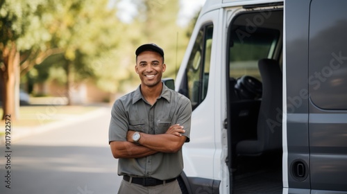 A cheerful delivery man stands confidently in front of his van, ready for another day on the road, expressing dedication and service. photo