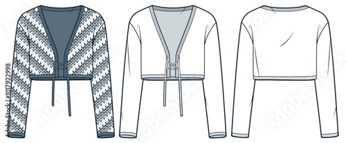 Cropped Cardigan technical fashion illustration, fashion design. Sweater fashion flat technical drawing template, lace up, front and back view, white, grey pattern, women, men, unisex CAD mockup set.