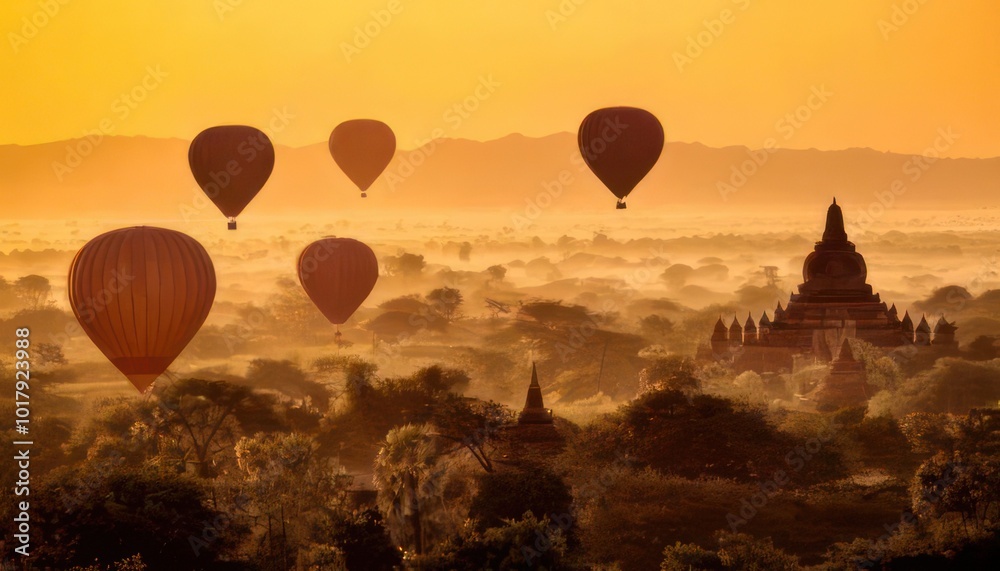 hot Balloons over plain of Bagan in misty morning, Myanmar sunset hot Balloons over plain of Bagan in misty morning, Myanmar sunset