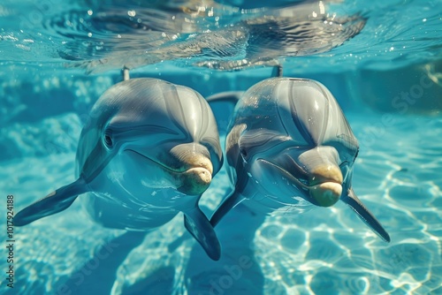 Underwater Pod of Dolphins Swimming Together in Crystal Clear Ocean Waters photo