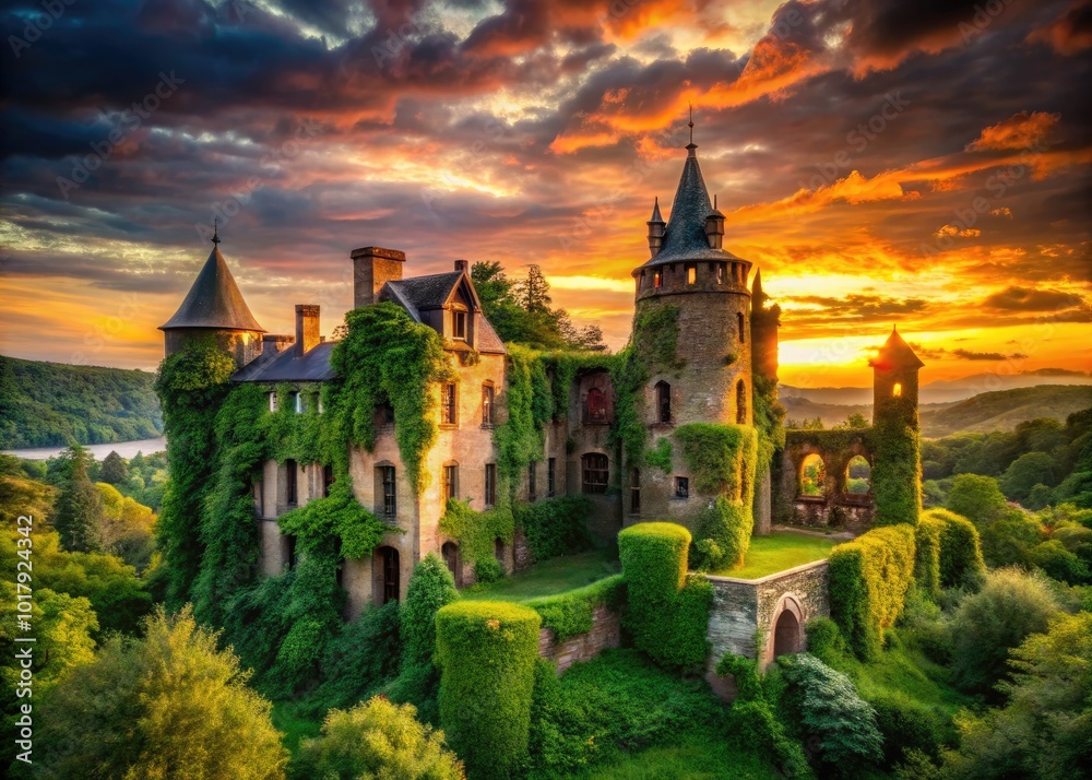 Fototapeta premium Majestic Abandoned Castle Surrounded by Lush Greenery and Mysterious Atmosphere at Dusk