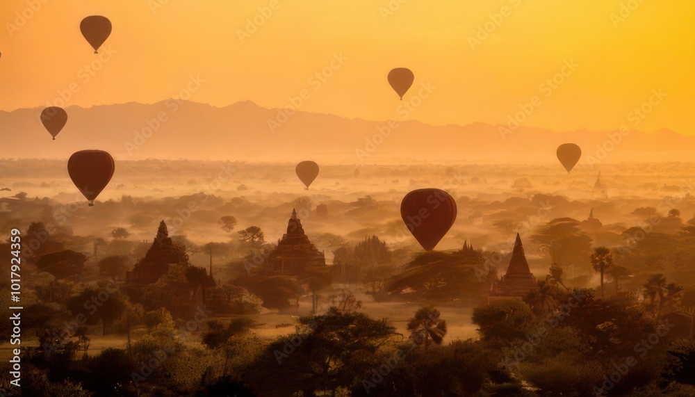 hot Balloons over plain of Bagan in misty morning, Myanmar sunset hot Balloons over plain of Bagan in misty morning, Myanmar sunset
