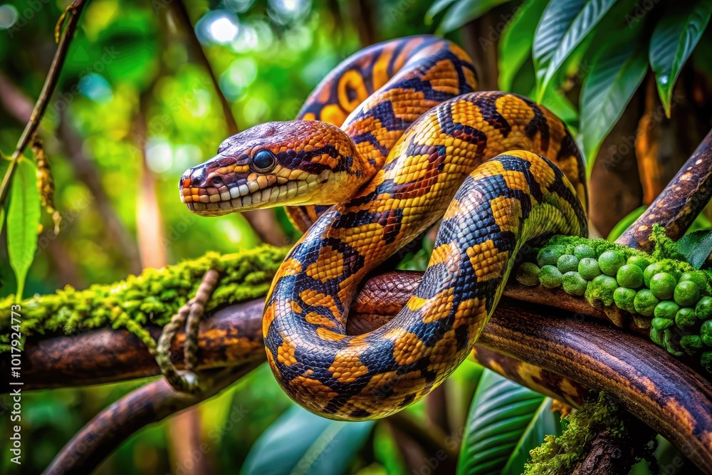 Majestic African Rock Python Snakes Coiled on Branches in a Lush Jungle Environment Majestic African Rock Python Snakes Coiled on Branches in a Lush Jungle Environment