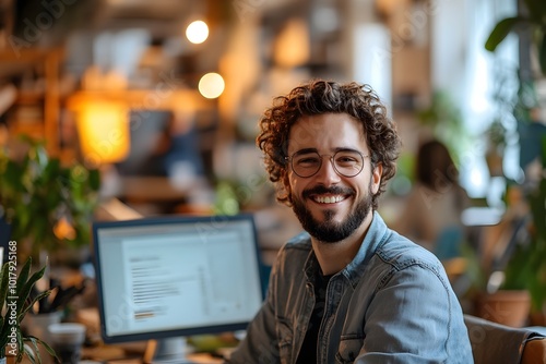 Enthusiastic White Man Working on Computer in Modern Bright Office