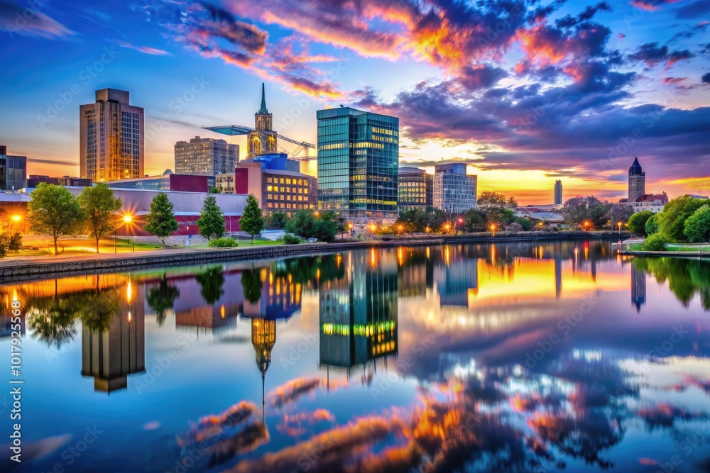 Naklejka premium Majestic Allentown PA Skyline at Dusk with Vibrant Colors and Reflections on Calm Water Surface