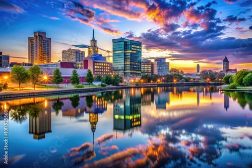 Majestic Allentown PA Skyline at Dusk with Vibrant Colors and Reflections on Calm Water Surface photo