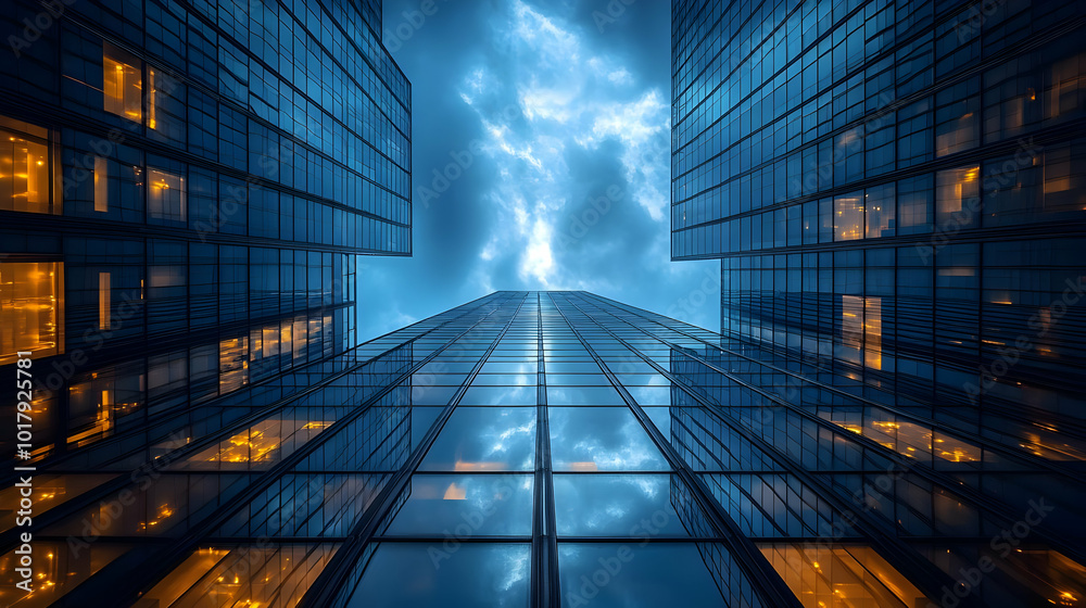 A dramatic view of glass skyscrapers under a stormy sky. A dramatic view of glass skyscrapers under a stormy sky.