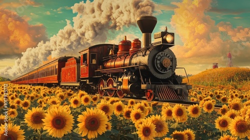 An old-fashioned steam locomotive in vibrant colors, with steam creating a dramatic effect as it moves through