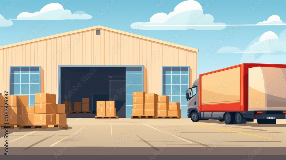 A logistics warehouse with an open door, boxes stacked outside, and a truck ready for delivery under a clear blue sky. A logistics warehouse with an open door, boxes stacked outside, and a truck ready for delivery under a clear blue sky.