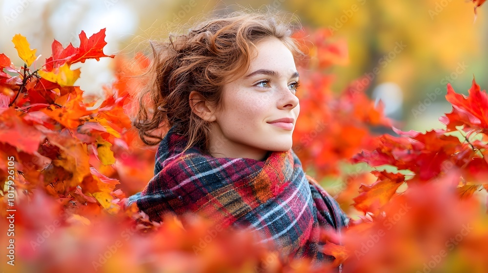 Woman Autumn Leaves Plaid Scarf Woman Autumn Leaves Plaid Scarf