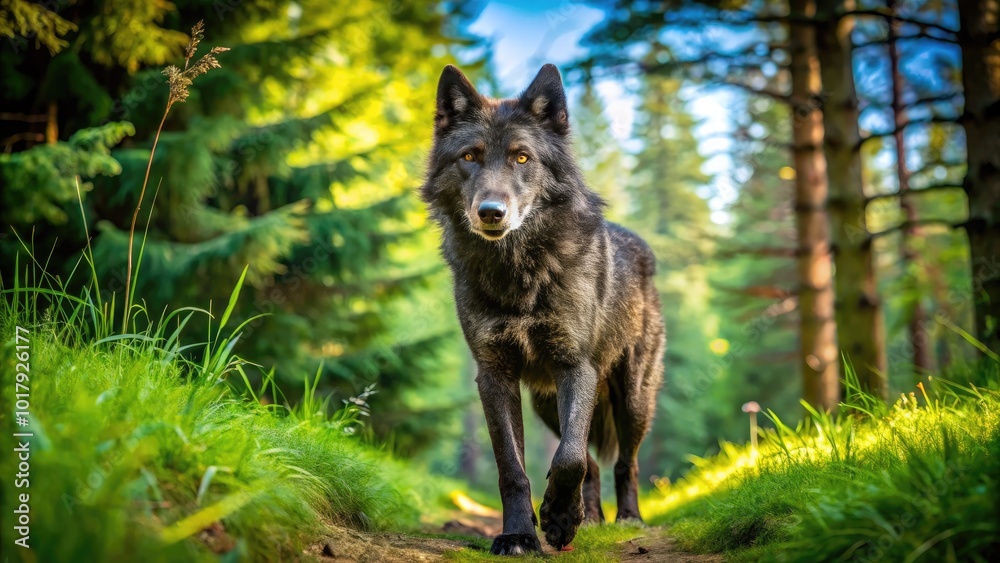 Majestic Alpha Black Wolf Strolling Through a Lush Green Forest Under a Clear Blue Sky Majestic Alpha Black Wolf Strolling Through a Lush Green Forest Under a Clear Blue Sky