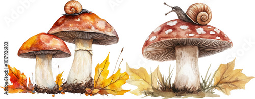 Watercolor wild boletus mushroom with a snail on top, a clipart set isolated on a white background