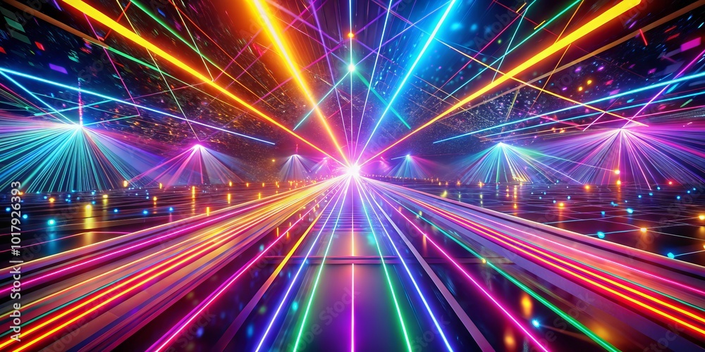 Obraz premium Dynamic 3D abstract background combined with vivid neon laser rays in ultraviolet shades, ideal for modern design projects seeking a striking and