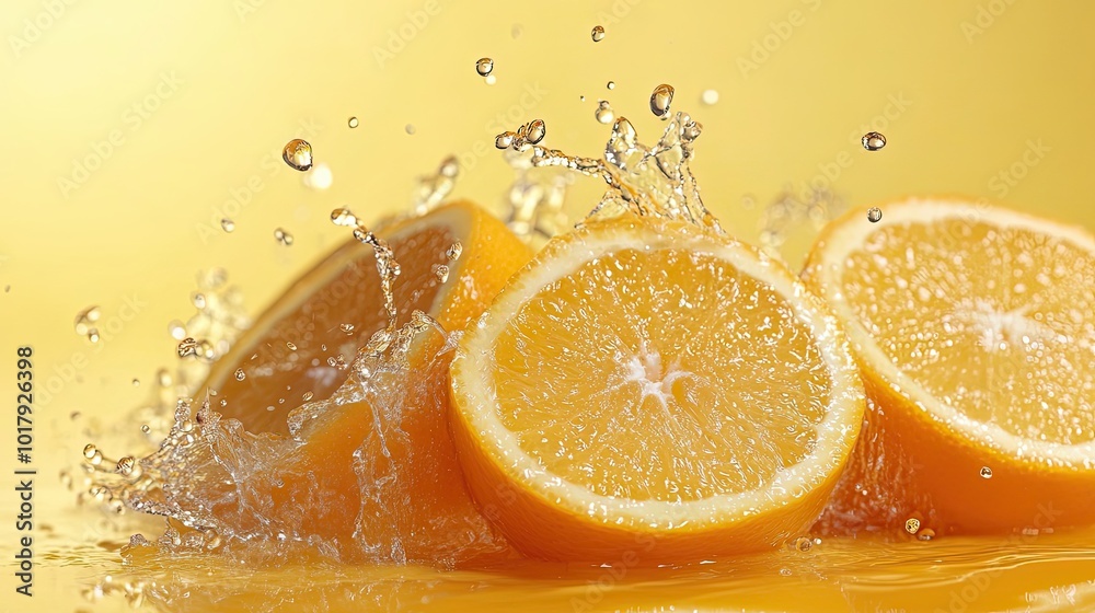 Orange Slices with Water Splash on Yellow Background Orange Slices with Water Splash on Yellow Background