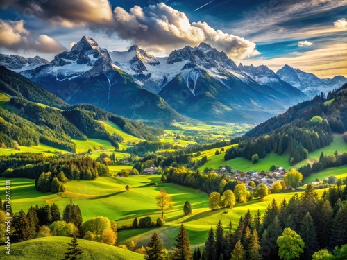 Majestic Alps Mountains Landscape with Lush Green Valleys and Snow-Capped Peaks Under Blue Sky