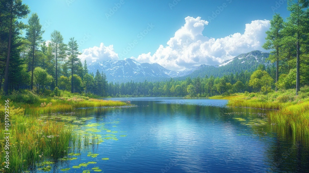 Serene lake surrounded by lush forests and majestic mountains. Serene lake surrounded by lush forests and majestic mountains.