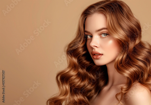 Glamorous young adult woman with beautiful natural long wavy red hair. Fashion make-up, clear fresh skin and curly hairstyle. Cosmetic, styling, shampoo, glance and hairdresser concept