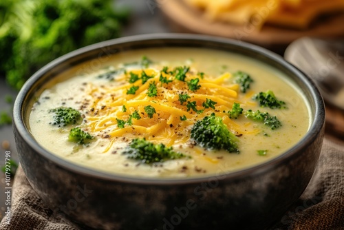 a comforting dish of broccoli and cheddar soup, garnished with grated cheese, inviting and delicious