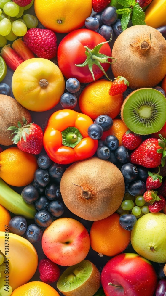 A vibrant collection of fresh fruits and vegetables including kiwis, apples, strawberries, and bell peppers arranged together.
A vibrant collection of fresh fruits and vegetables including kiwis, apples, strawberries, and bell peppers arranged together.