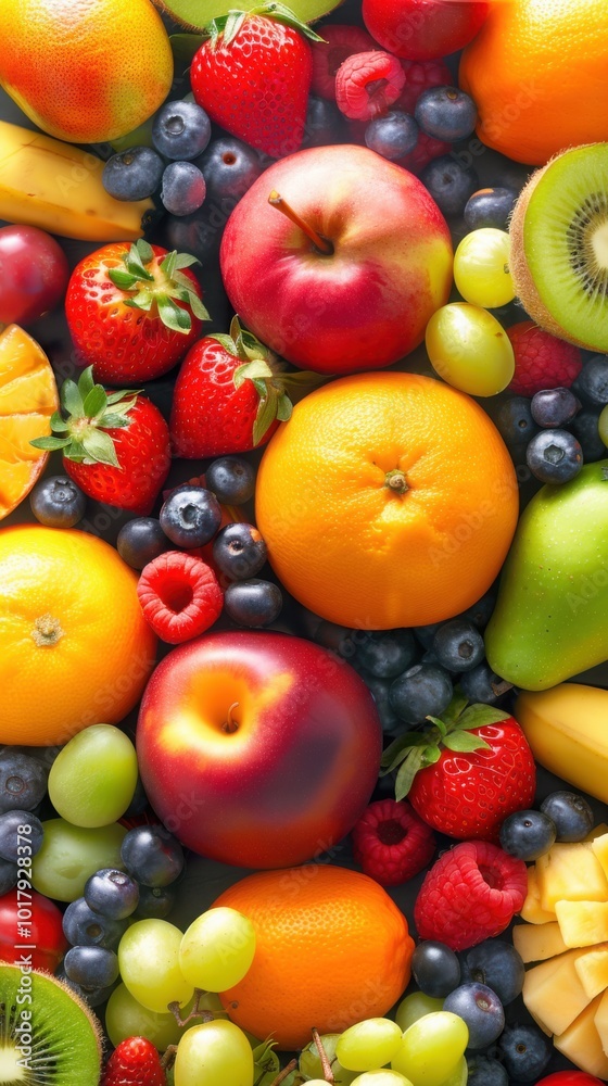 A close-up of assorted fresh fruits including apples, oranges, berries, and kiwis, highlighting vibrant colors and freshness.
A close-up of assorted fresh fruits including apples, oranges, berries, and kiwis, highlighting vibrant colors and freshness.