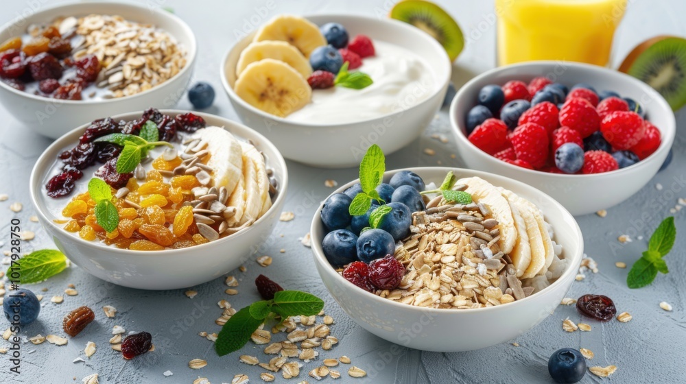 Multiple bowls filled with fresh fruits, oats, and yogurt, arranged in a colorful and nutritious breakfast spread.
Multiple bowls filled with fresh fruits, oats, and yogurt, arranged in a colorful and nutritious breakfast spread.