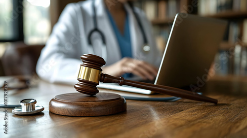 A gavel and stethoscope on a desk, symbolizing law and medicine.