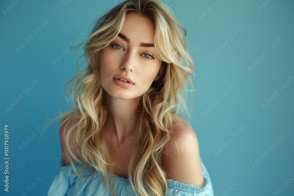 Fototapeta premium Summer beauty fashion model with make-up, clear skin and blond long shiny wavy hairstyle. Hair care, coiffure and cosmetic concept