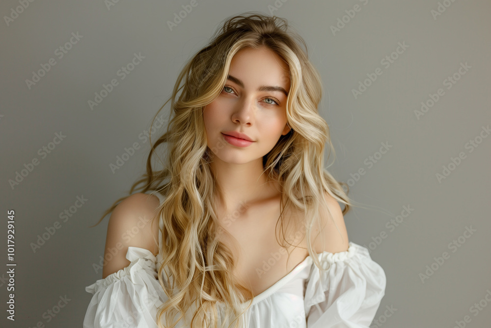 Smiling beauty fashion model with make-up, clear skin and blond long shiny wavy hairstyle. Hair care, coiffure and cosmetic concept Smiling beauty fashion model with make-up, clear skin and blond long shiny wavy hairstyle. Hair care, coiffure and cosmetic concept