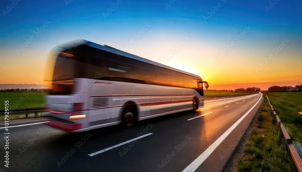 Long exposure of a bus driving on the highway at sunset. side view Long exposure of a bus driving on the highway at sunset. side view