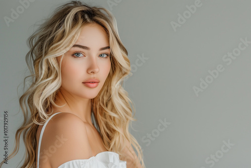 Fresh blonde woman with long wavy hair on gray background. Beautiful face close-up. Haircare, salon cosmetic and coiffure concept