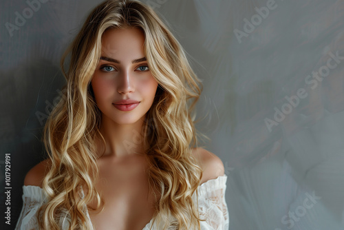 Smiling young woman with blonde wavy hair and natural make-up on gray studio wall background
