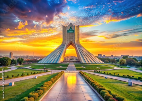 Majestic Azadi Tower in Tehran Surrounded by Clear Blue Sky and Lush Green Landscapes at Sunset photo
