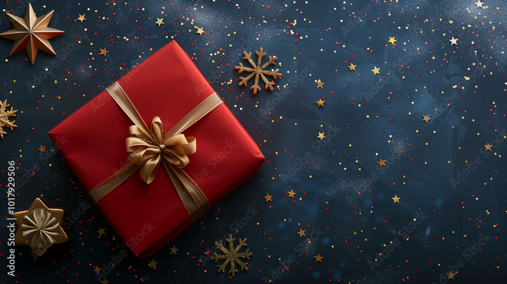 Christmas background with gold snowflake and red gift present box, top view Christmas background with gold snowflake and red gift present box, top view