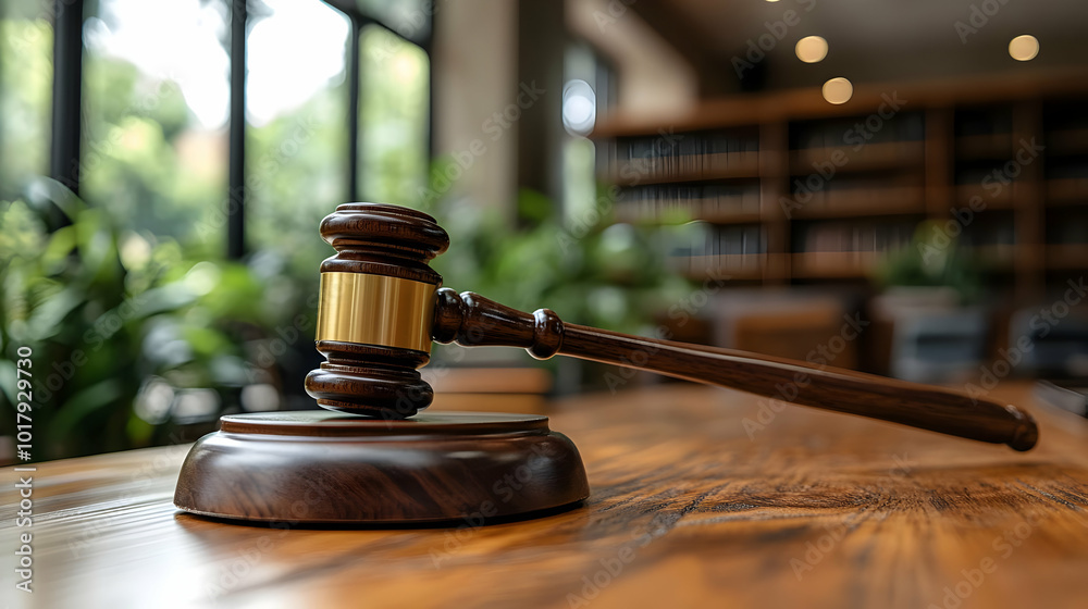 A gavel resting on a wooden table in a law library setting. A gavel resting on a wooden table in a law library setting.